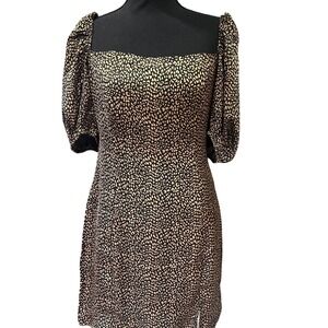 Buddy Love Womens Metallic Gold Leopard Print Puff Sleeve Mini Dress Medium